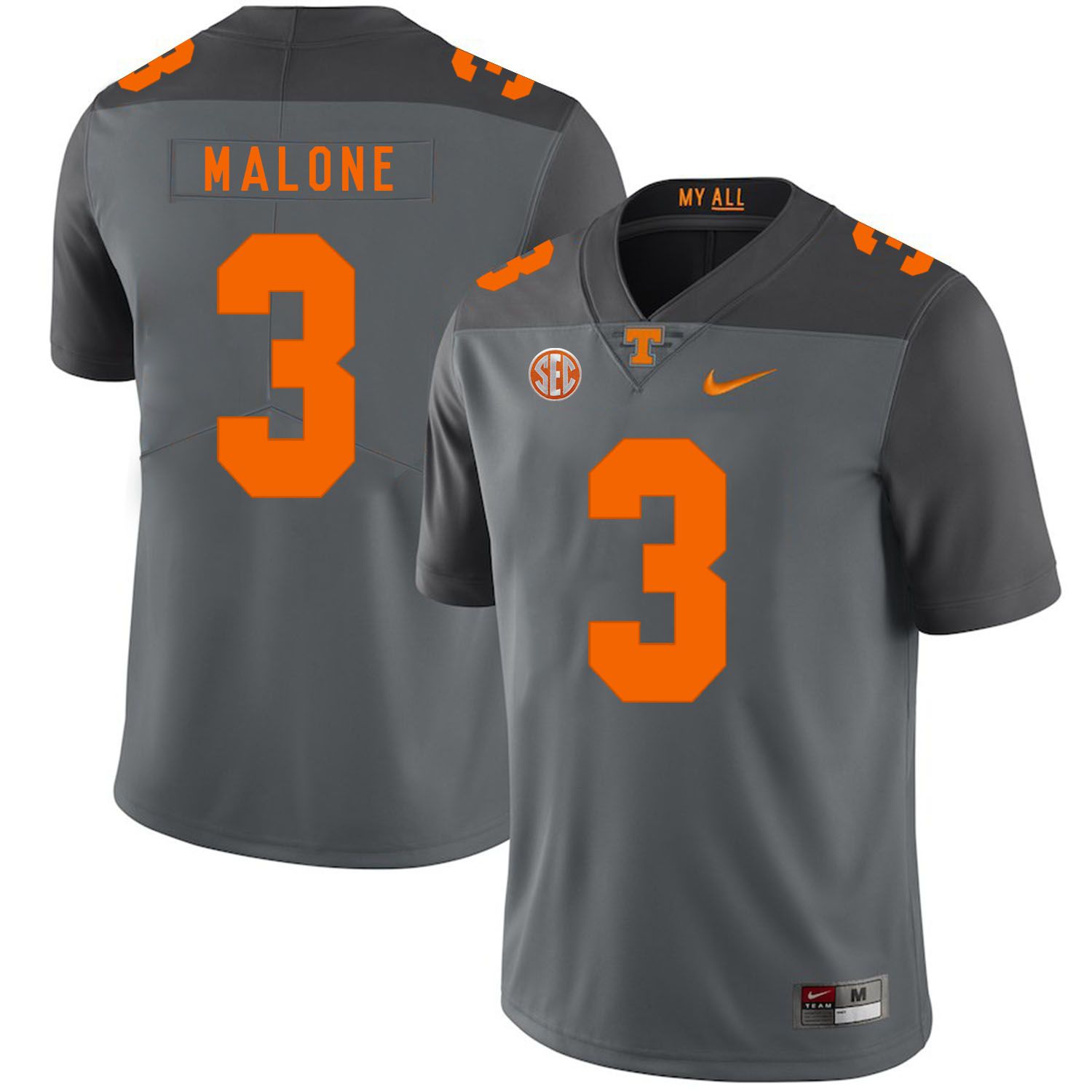 Men Tennessee Volunteers #3 Malone Grey Customized NCAA Jerseys